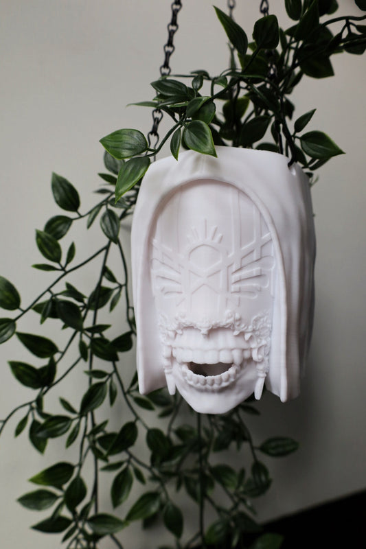 SECONDS #978 - WHITE VESSEL HANGING PLANTER - RED LINES THROUGH FACE