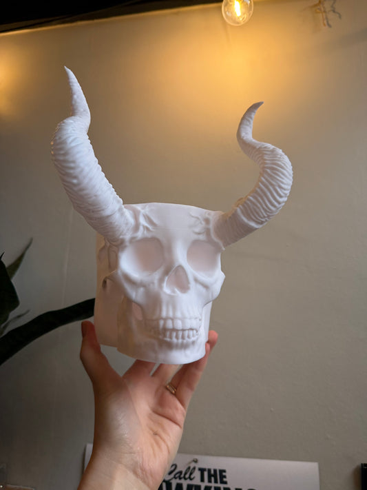 SECONDS #20 - LARGE WHITE  HORNED SKULL DESK PLANTER - LINED TEXTURE