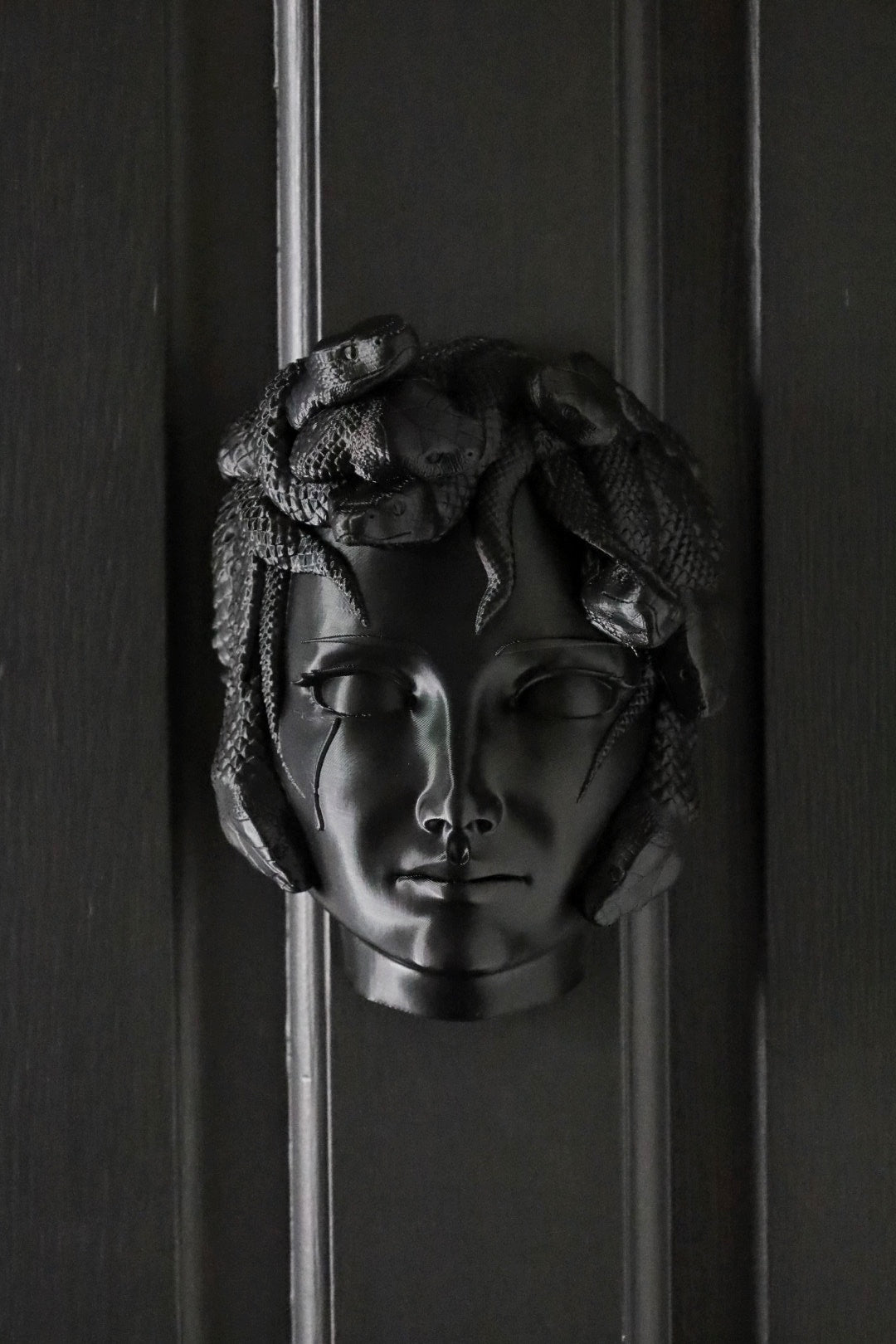 SECONDS #736/#737/#738 - LARGE BLACK MEDUSA WALL HANGING - LINE THROUGH NOSE & RATTLE NOISE