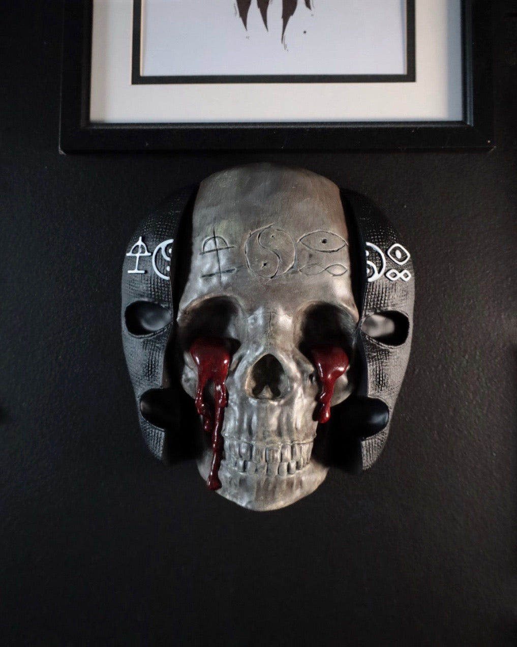 Decorative skull with blood tears wall art inspired by the band Bad Omens