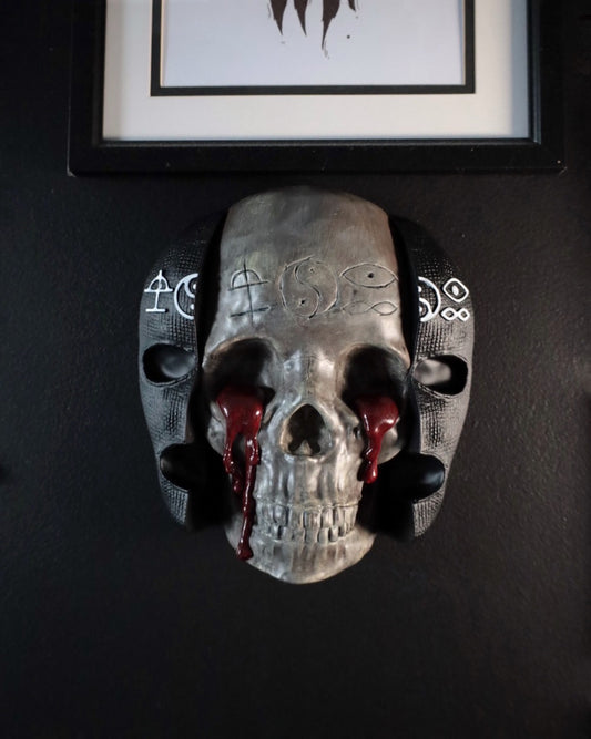 Decorative skull with blood tears wall art inspired by the band Bad Omens