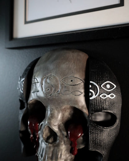 Decorative skull wall art with blood red tears inspired by Bad Omens 