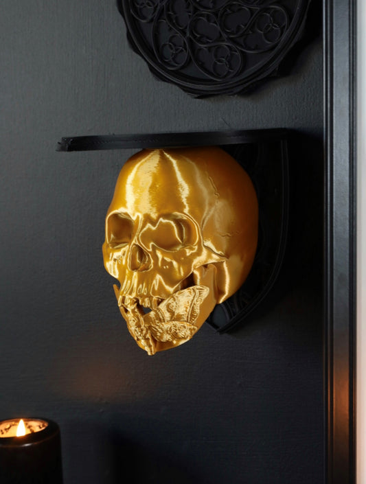 Death moth skull gallery wall shelf black and gold
