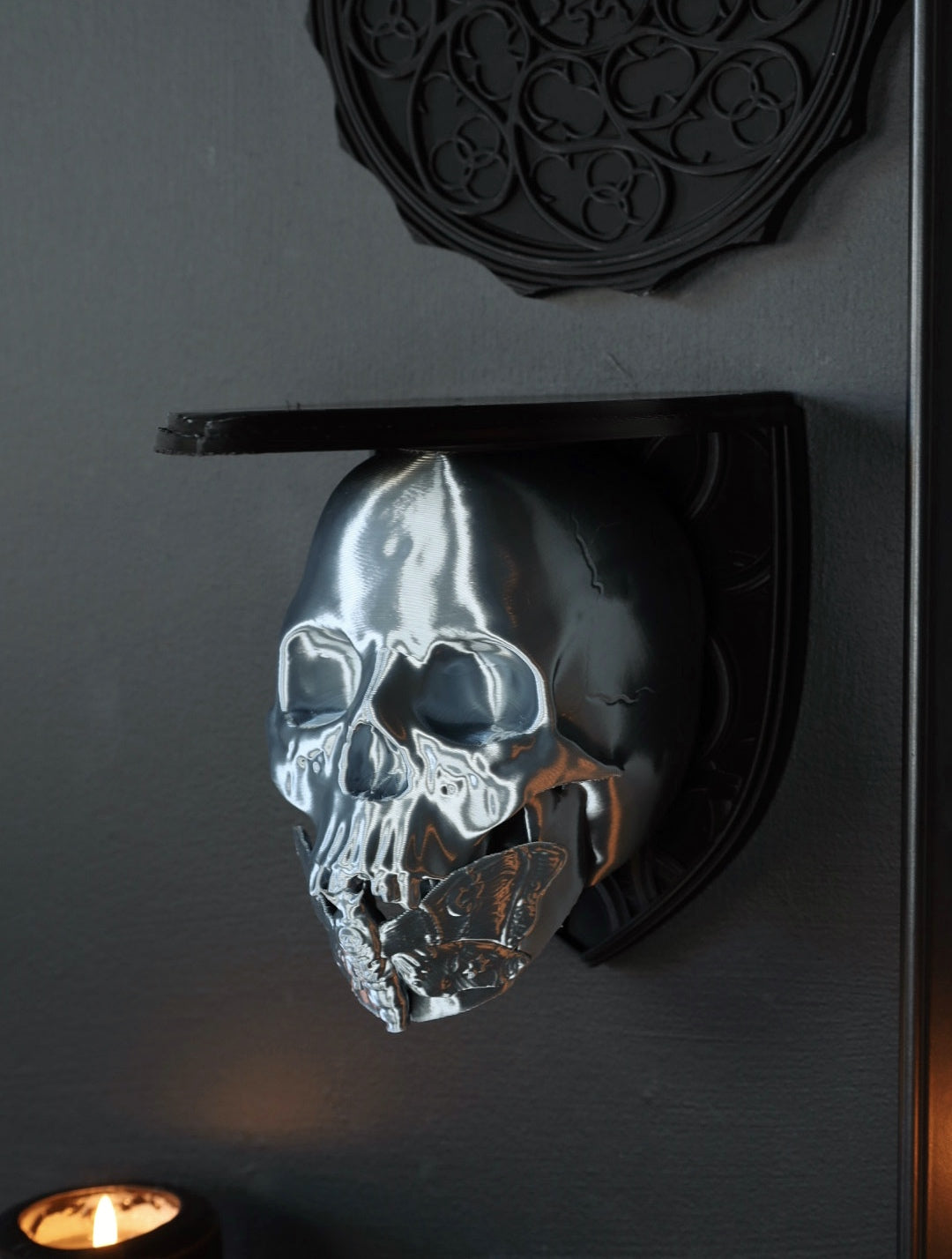 Death moth skull gallery wall shelf and living room wall decor 