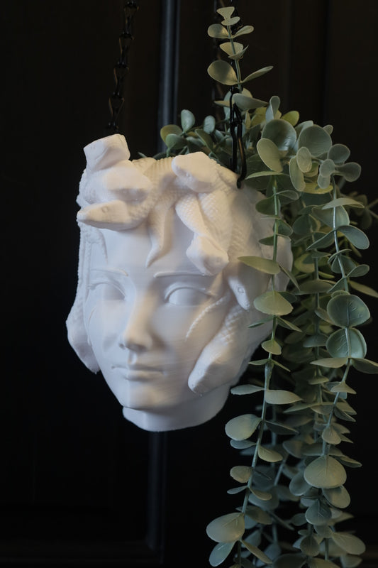 SECONDS #6915 - MEDUSA HANGING PLANTER WHITE - FAINT LINE THROUGH CHIN