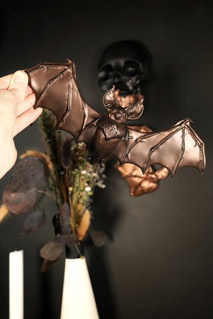 Antique brown front facing flying bat decorative wall hanging 