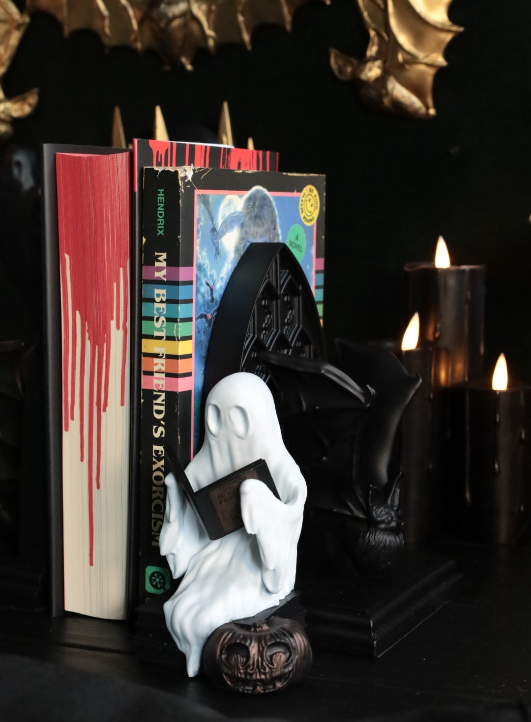 Ghost bookend with pumpkin and book for your gothic home decor