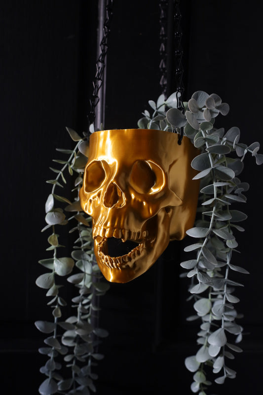Gold gothic skull wall decor planter 