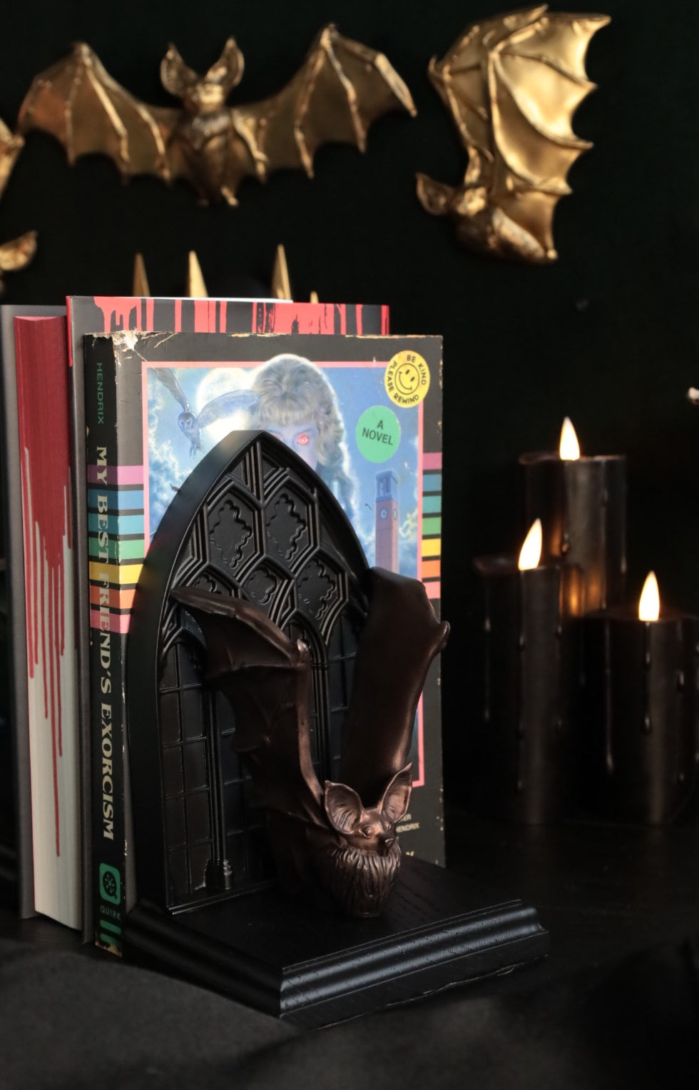 Gothic home aesthetic featuring our gothic bat bookend