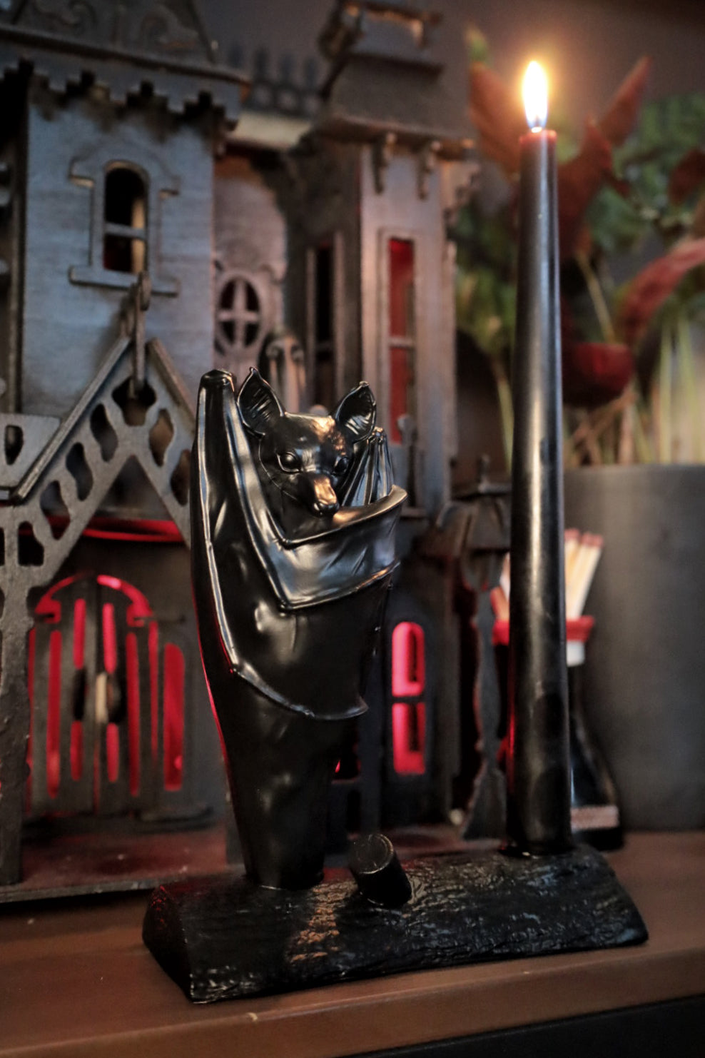Decorative gothic black bat candle holder 