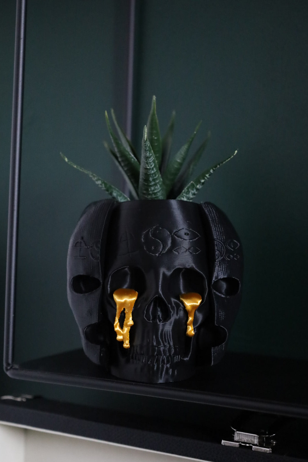 Gothic black and gold skull desk planter inspired by the band Bad Omens. 
