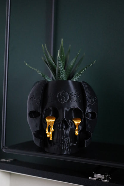 Gothic black and gold skull desk planter inspired by the band Bad Omens. 