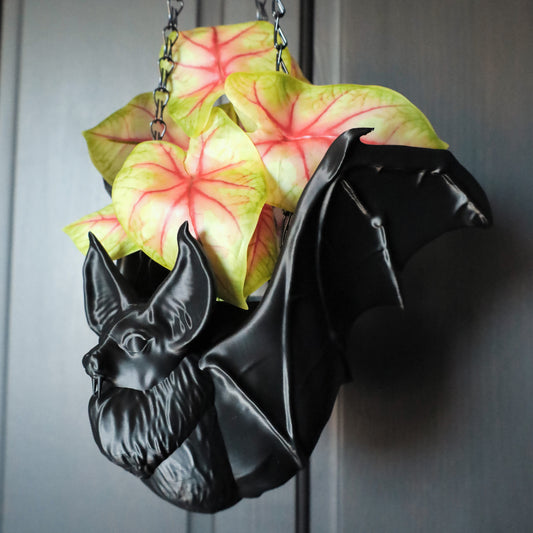 Gothic black bat hanging planter. Whimsigoth bedroom decor.