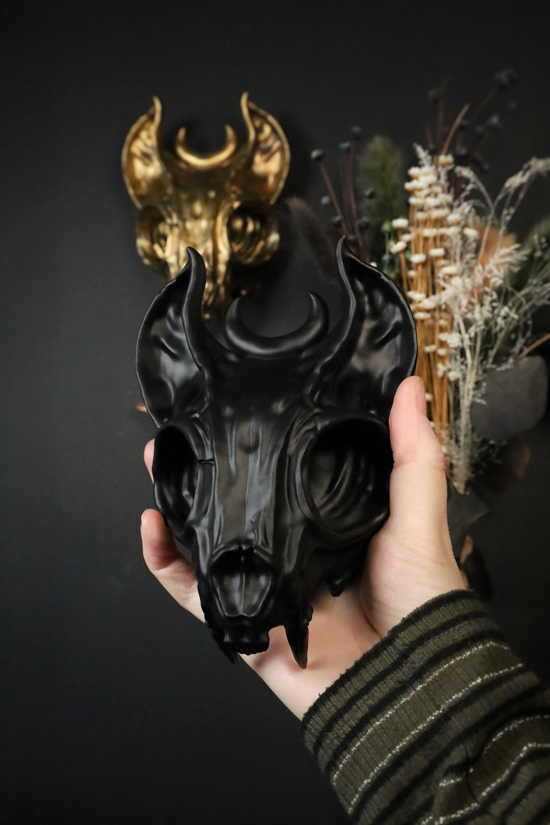 Gothic black sphinx cat skull wall decorations on gothic gallery wall