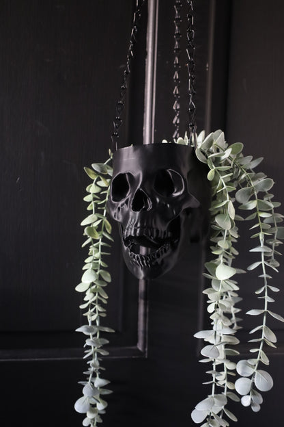 Gothic black hanging skull planter 