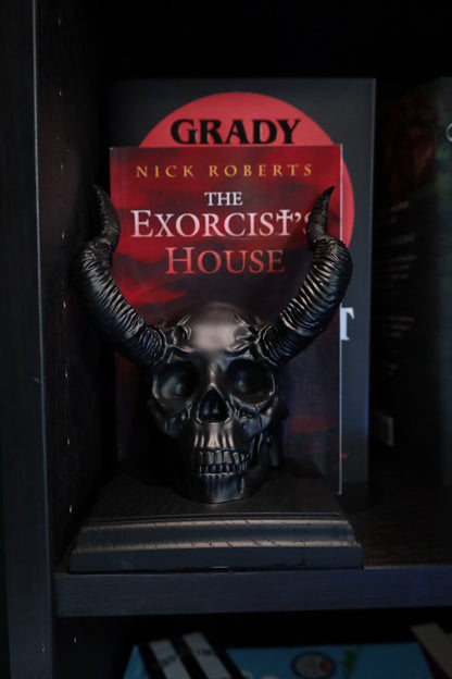 Gothic bookend with horned skull detail for goth decor