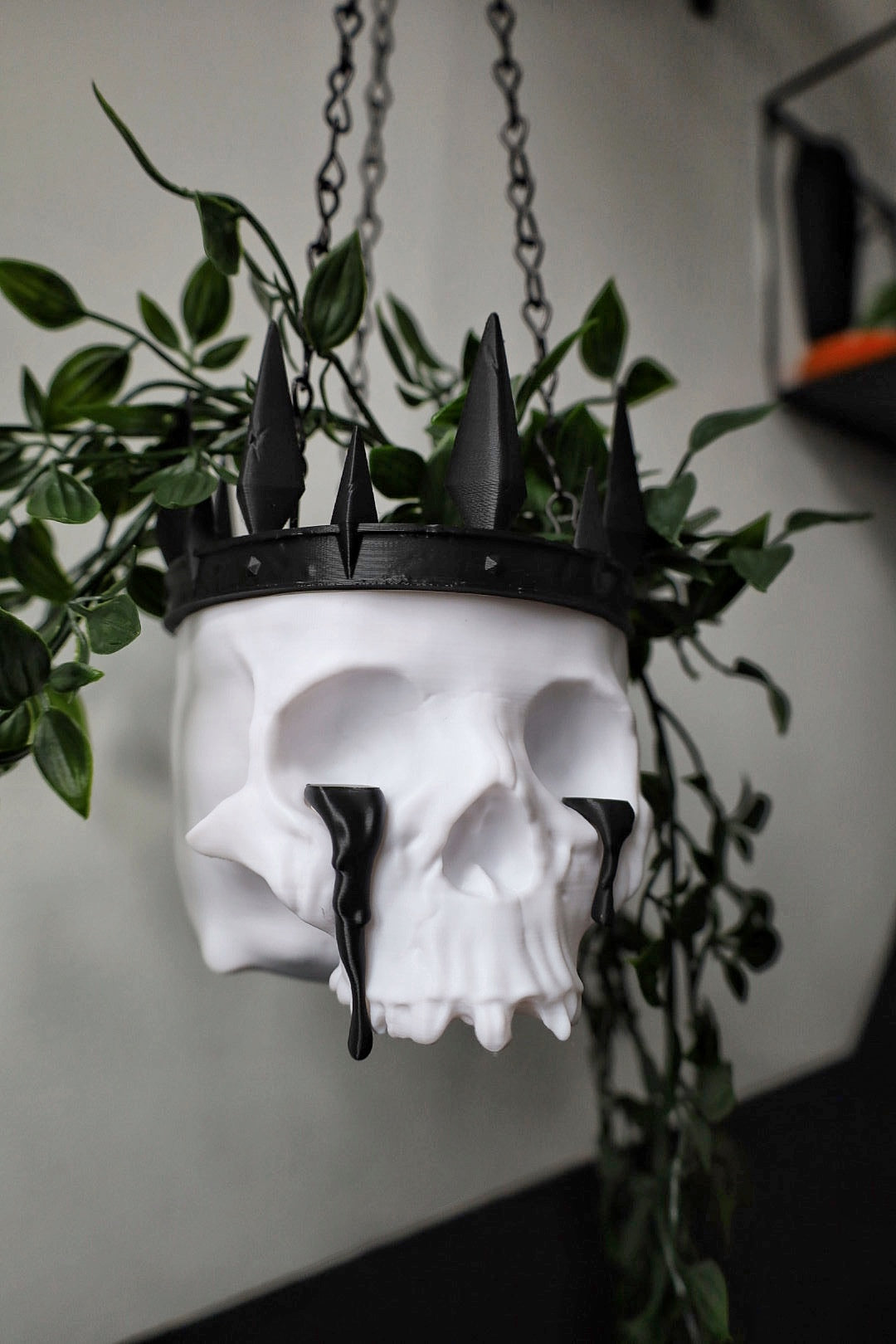 A skull planter with crown and tears made for a gothic home.