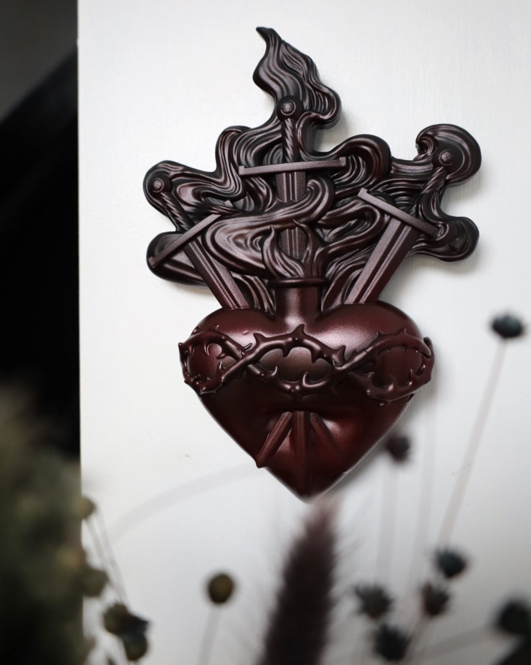 Red fade heart with swords and flames design 