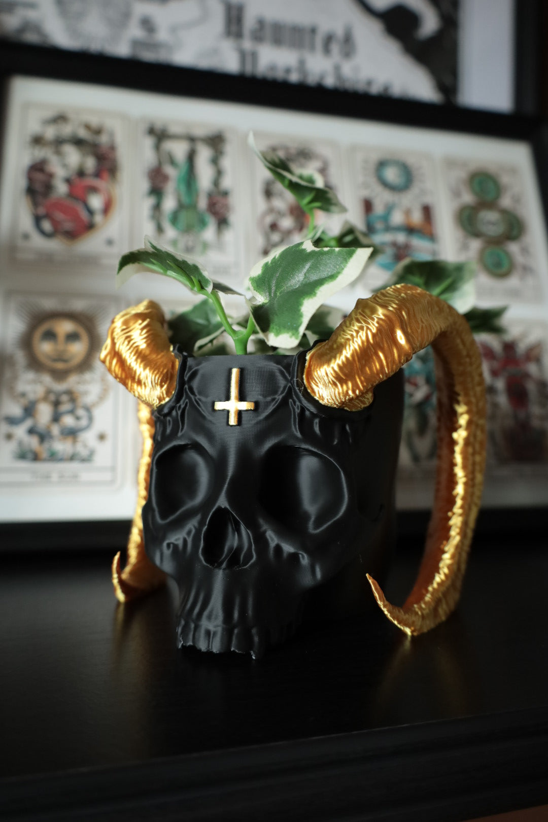 Gothic Black and gold satan skull with inverted cross detailing