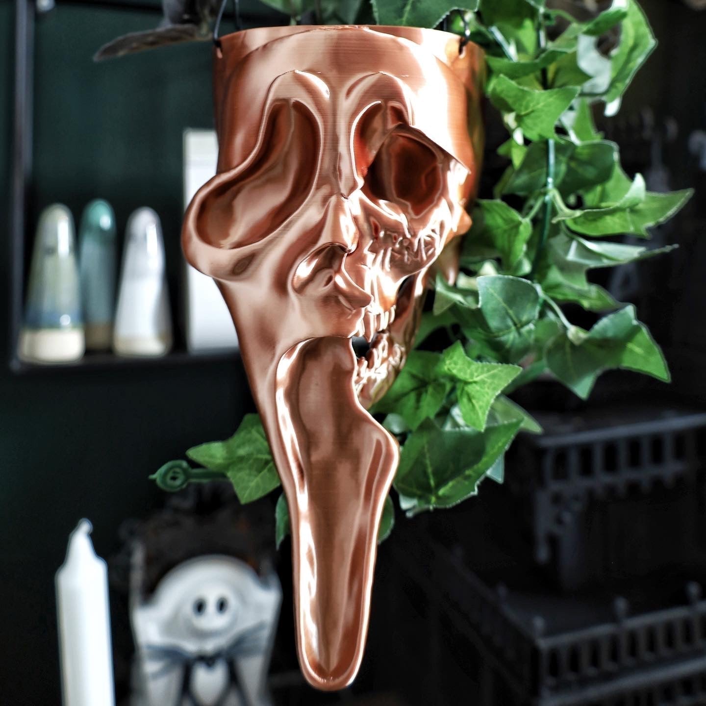 SECONDS #313 - MASSACRE HANGING PLANTER COPPER - MARK ABOVE EYE & LINED TEXTURE