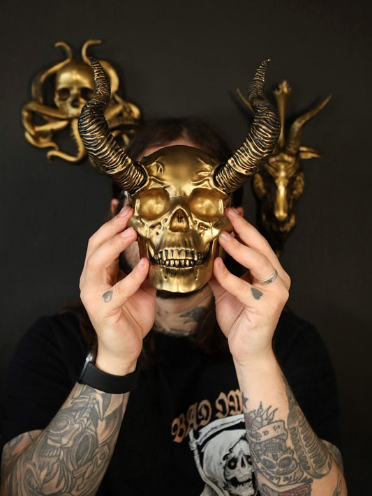 Horned devil skull gold wall hanging made to make a statement on your gothic gallery wall.