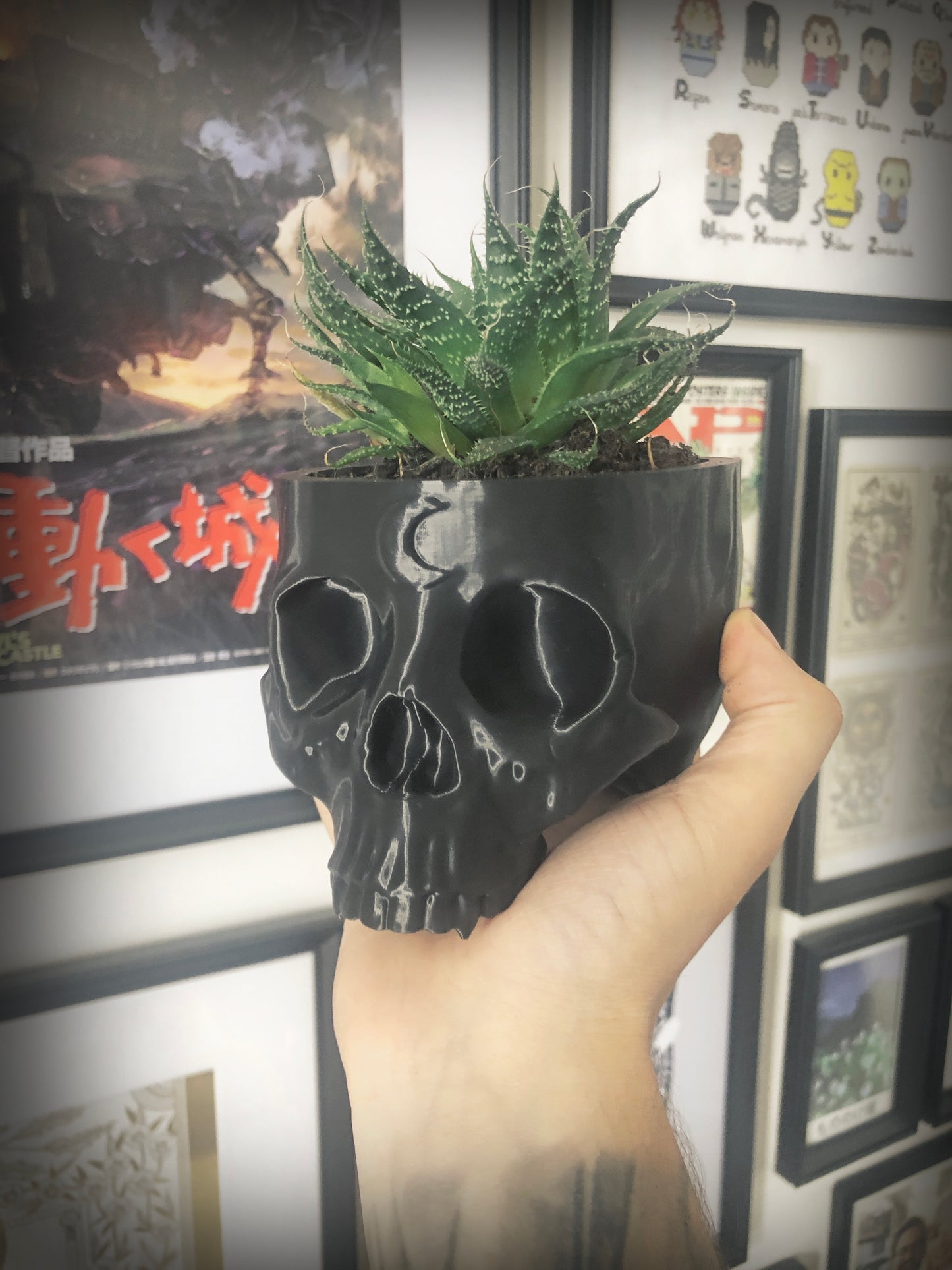Skull planter with celestial moon detail, gothic home decor